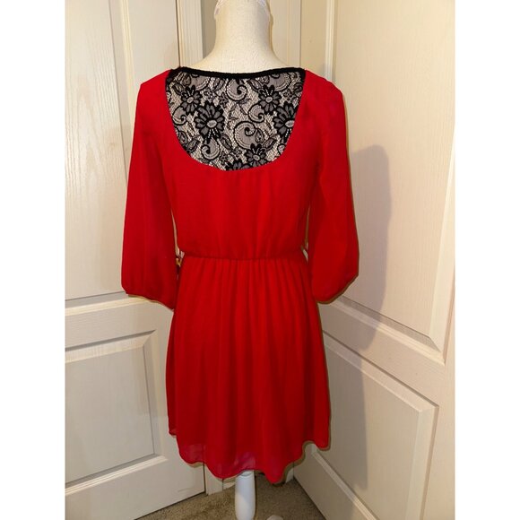 Women's Midi Dress Red Lace Lined Size M Chiffon‎ 3/4 Sleeve Stretch Pullover - Picture 5 of 6